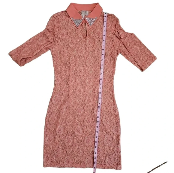 Forever 21 S Coral Lace Sheer Dress Sequin Collar Mod Y2K Glam Party Dress - Picture 6 of 6